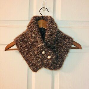 [Women/Teen] Hand Knit Cowl Neck Warmer Scarf Brown Fuzzy Toggle Button